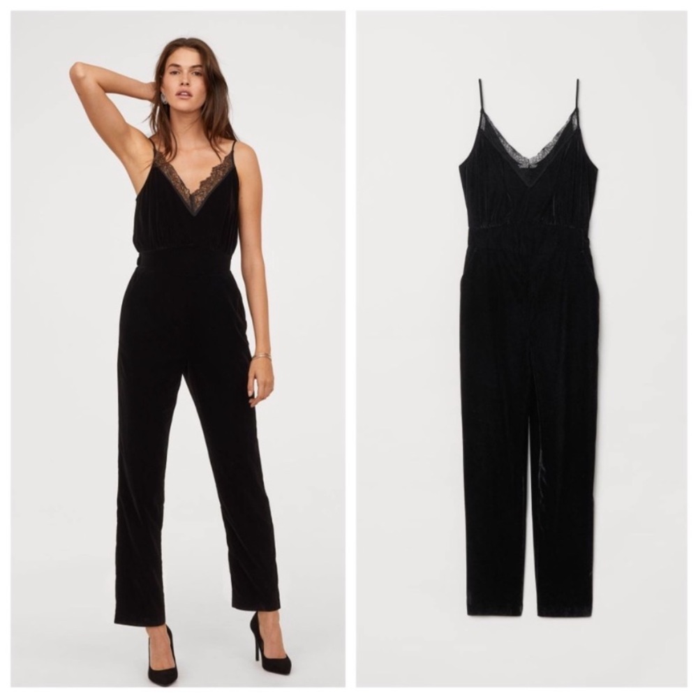 H&M lace trim velvet jumpsuit
